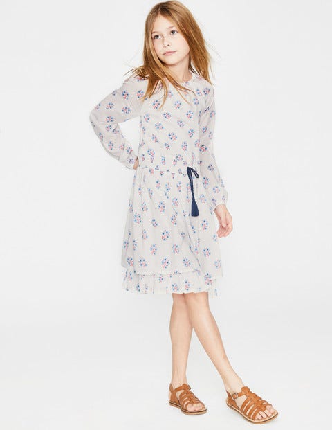 Smocked Waist Printed Dress - White/Lake Blue Woodblock Smocked Waist Printed Dress - White/Lake Blue Woodblock