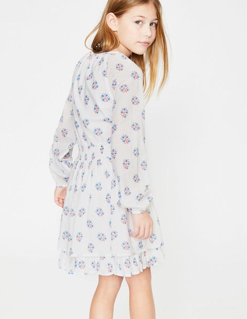 Smocked Waist Printed Dress - White/Lake Blue Woodblock Smocked Waist Printed Dress - White/Lake Blue Woodblock