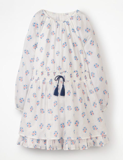 Smocked Waist Printed Dress - White/Lake Blue Woodblock Smocked Waist Printed Dress - White/Lake Blue Woodblock