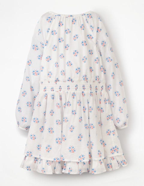 Smocked Waist Printed Dress - White/Lake Blue Woodblock Smocked Waist Printed Dress - White/Lake Blue Woodblock