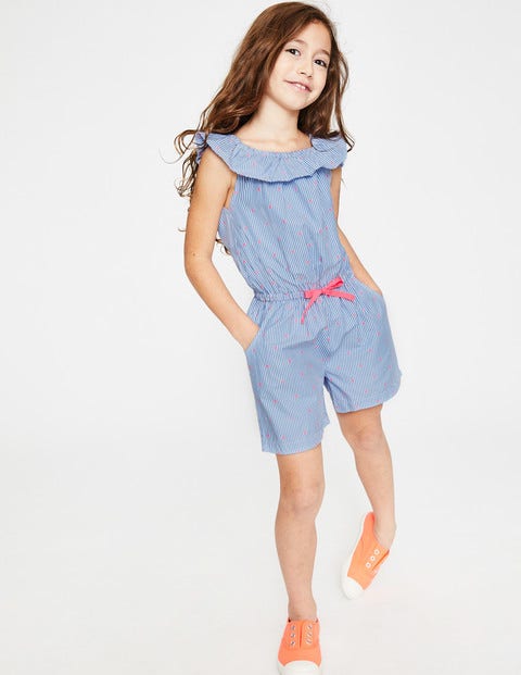 Ruffle Neck Woven Playsuit - Blue Ticking Stripe Ruffle Neck Woven Playsuit - Blue Ticking Stripe