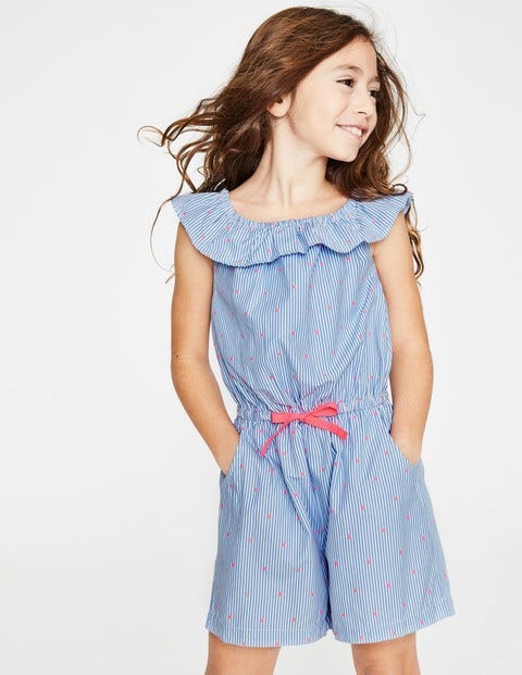 Ruffle Neck Woven Playsuit - Blue Ticking Stripe Ruffle Neck Woven Playsuit - Blue Ticking Stripe