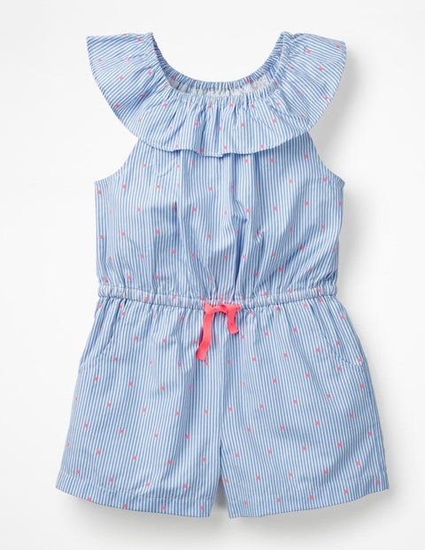 Ruffle Neck Woven Playsuit - Blue Ticking Stripe Ruffle Neck Woven Playsuit - Blue Ticking Stripe