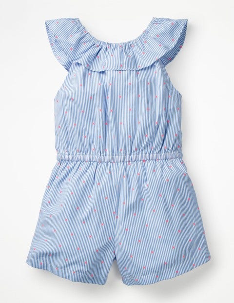 Ruffle Neck Woven Playsuit - Blue Ticking Stripe Ruffle Neck Woven Playsuit - Blue Ticking Stripe