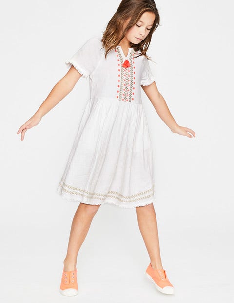Fringe Detail Woven Dress - White Fringe Detail Woven Dress - White