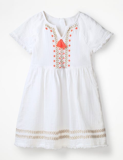 Fringe Detail Woven Dress - White Fringe Detail Woven Dress - White