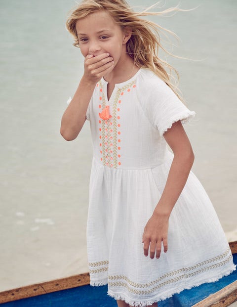 Fringe Detail Woven Dress - White Fringe Detail Woven Dress - White