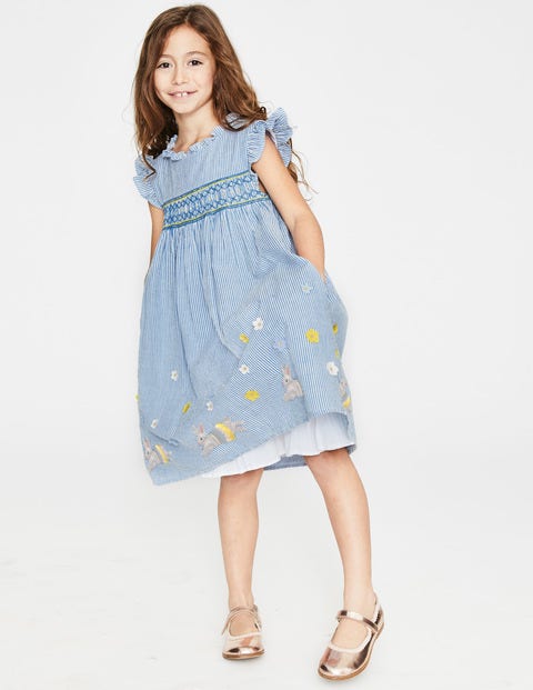 Frill Sleeve Smocked Dress - Elizabethan Blue Bunnies Frill Sleeve Smocked Dress - Elizabethan Blue Bunnies