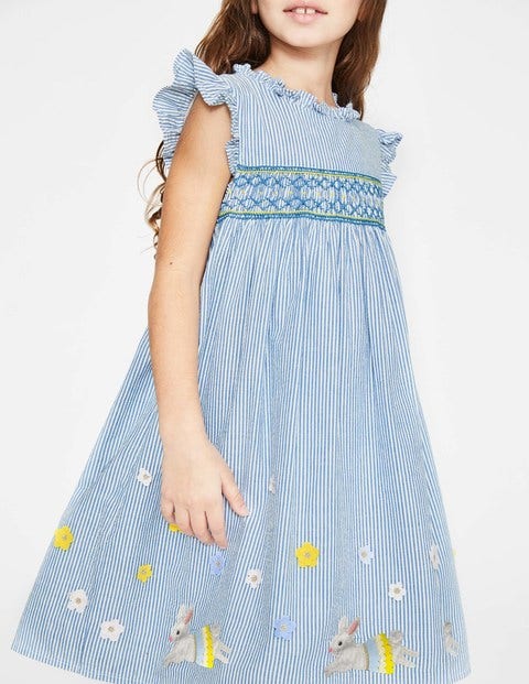 Frill Sleeve Smocked Dress - Elizabethan Blue Bunnies Frill Sleeve Smocked Dress - Elizabethan Blue Bunnies