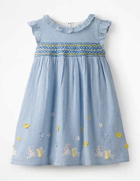 Frill Sleeve Smocked Dress - Elizabethan Blue Bunnies Frill Sleeve Smocked Dress - Elizabethan Blue Bunnies