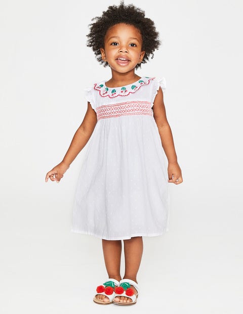 Frill Sleeve Smocked Dress - White Textured Dot/Cherries Frill Sleeve Smocked Dress - White Textured Dot/Cherries