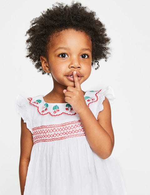 Frill Sleeve Smocked Dress - White Textured Dot/Cherries Frill Sleeve Smocked Dress - White Textured Dot/Cherries