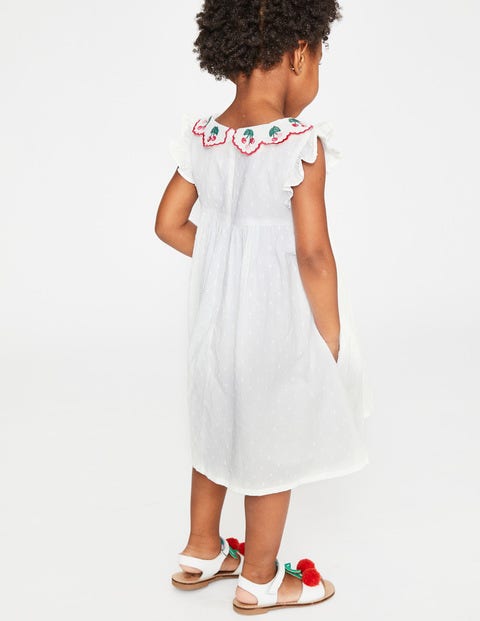 Frill Sleeve Smocked Dress - White Textured Dot/Cherries Frill Sleeve Smocked Dress - White Textured Dot/Cherries