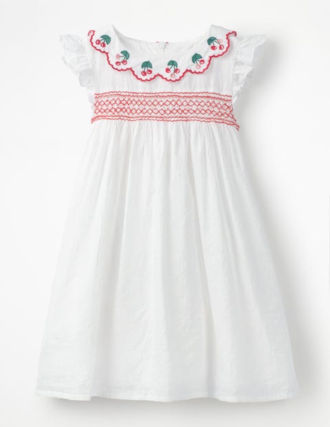 Frill Sleeve Smocked Dress - White Textured Dot/Cherries Frill Sleeve Smocked Dress - White Textured Dot/Cherries