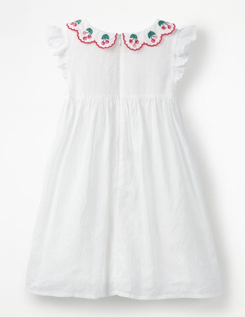Frill Sleeve Smocked Dress - White Textured Dot/Cherries Frill Sleeve Smocked Dress - White Textured Dot/Cherries