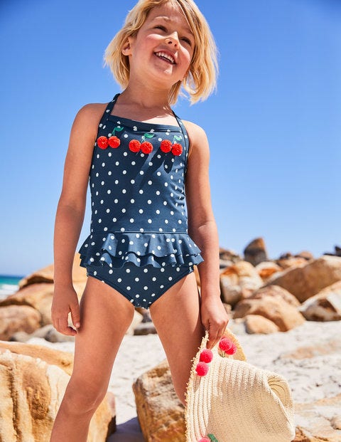 Halterneck Appliqué Swimsuit - Deep Sea Blue Cherries Halterneck Appliqué Swimsuit - Deep Sea Blue Cherries