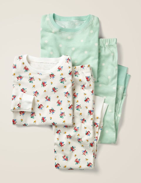 Twin Pack Long John Pyjamas - Ivory Vintage Posy/Green Spot Twin Pack Long John Pyjamas - Ivory Vintage Posy/Green Spot