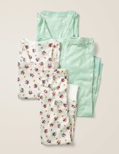 Twin Pack Long John Pyjamas - Ivory Vintage Posy/Green Spot Twin Pack Long John Pyjamas - Ivory Vintage Posy/Green Spot