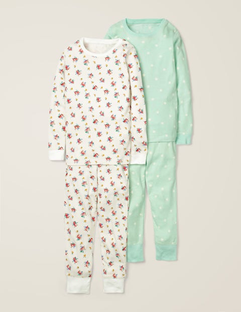 Twin Pack Long John Pyjamas - Ivory Vintage Posy/Green Spot Twin Pack Long John Pyjamas - Ivory Vintage Posy/Green Spot