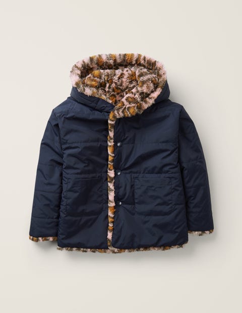 Cosy Reversible Coat - Chalky Pink/Navy Leopard Spot Cosy Reversible Coat - Chalky Pink/Navy Leopard Spot