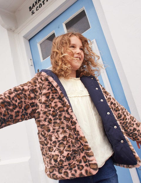 Cosy Reversible Coat - Chalky Pink/Navy Leopard Spot Cosy Reversible Coat - Chalky Pink/Navy Leopard Spot