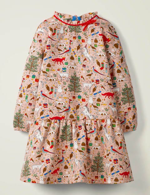Cosy Bow Dress - Milkshake Pink Festive Print Cosy Bow Dress - Milkshake Pink Festive Print