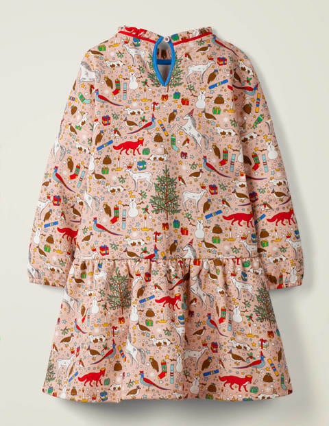 Cosy Bow Dress - Milkshake Pink Festive Print Cosy Bow Dress - Milkshake Pink Festive Print