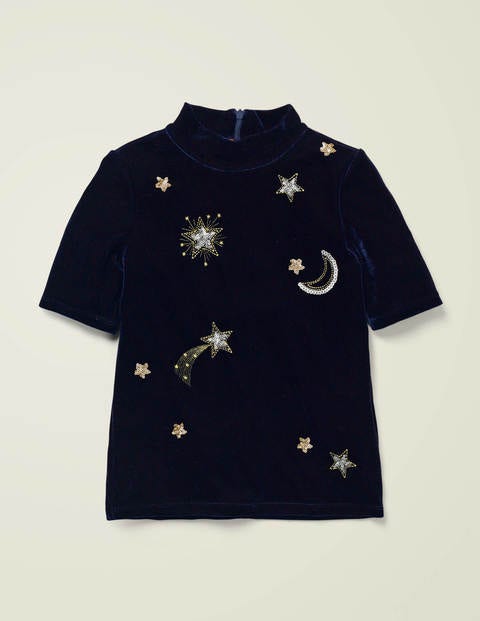 Embellished Velvet T-Shirt - College Blue Moon and Stars Embellished Velvet T-Shirt - College Blue Moon and Stars