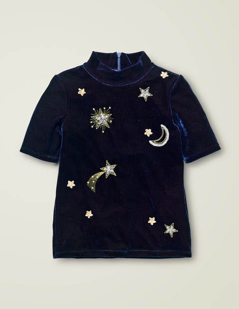 Embellished Velvet T-Shirt - College Blue Moon and Stars Embellished Velvet T-Shirt - College Blue Moon and Stars