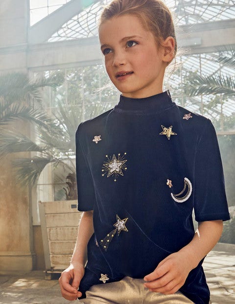 Embellished Velvet T-Shirt - College Blue Moon and Stars Embellished Velvet T-Shirt - College Blue Moon and Stars