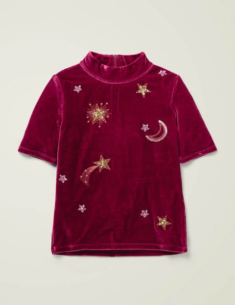 Embellished Velvet T-Shirt - Red Moon and Stars Embellished Velvet T-Shirt - Red Moon and Stars
