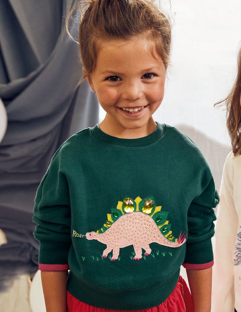 Verziertes Sweatshirt - Dunkles Smaragdgrün, Dinosaurier Verziertes Sweatshirt - Dunkles Smaragdgrün, Dinosaurier