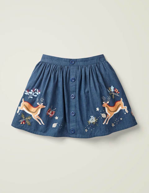 Button-Front Applique Skirt - Denim Blue Deer Button-Front Applique Skirt - Denim Blue Deer