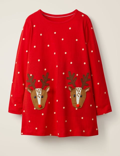 Festive Appliqué Jersey Tunic - Polish Red/Ecru Reindeers Festive Appliqué Jersey Tunic - Polish Red/Ecru Reindeers