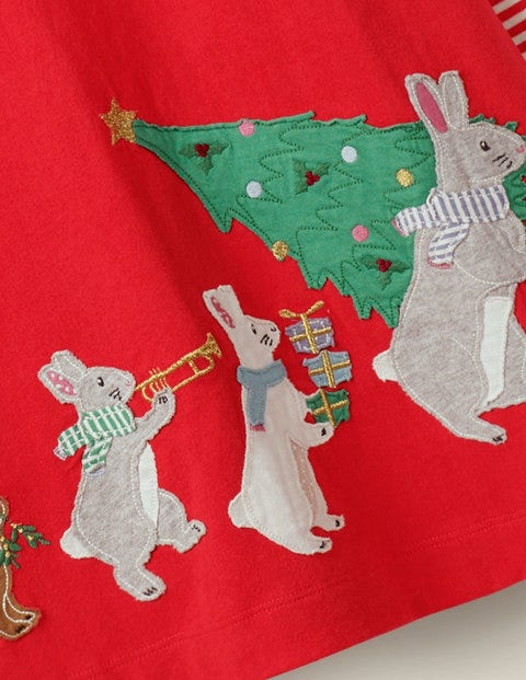 Festive Big Appliqué Dress - Polish Red Festive Bunnies Festive Big Appliqué Dress - Polish Red Festive Bunnies