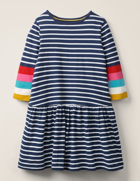 Gestreiftes Jerseykleid - Naturweiß/Navy, Regenbogenbündchen Gestreiftes Jerseykleid - Naturweiß/Navy, Regenbogenbündchen