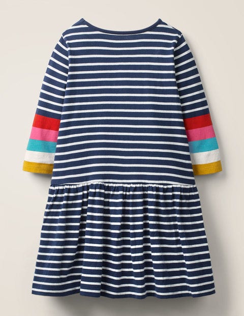 Gestreiftes Jerseykleid - Naturweiß/Navy, Regenbogenbündchen Gestreiftes Jerseykleid - Naturweiß/Navy, Regenbogenbündchen