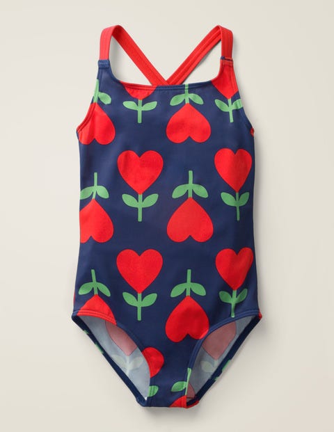 Cross-Back Swimsuit - Deep Sea Blue Heart Flower Cross-Back Swimsuit - Deep Sea Blue Heart Flower
