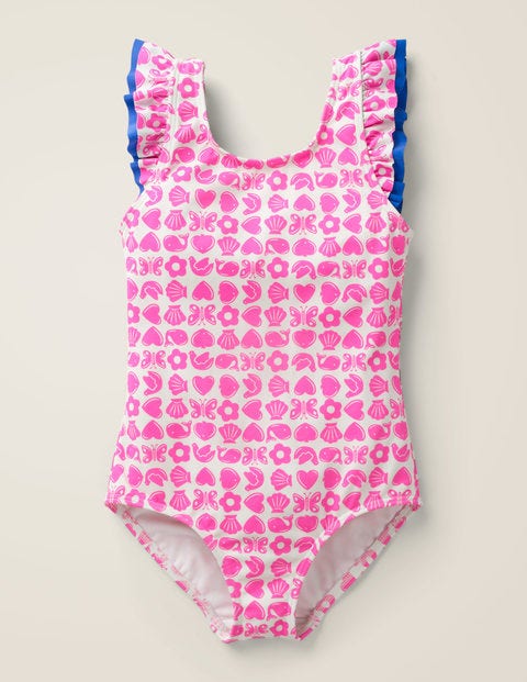 Shoulder Frill Swimsuit - Neon Pink Maritime Geo Shoulder Frill Swimsuit - Neon Pink Maritime Geo