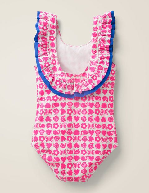 Shoulder Frill Swimsuit - Neon Pink Maritime Geo Shoulder Frill Swimsuit - Neon Pink Maritime Geo