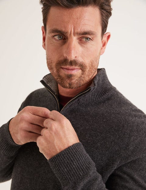Pull Partiellement Zippé En Cachemire - Gris chiné foncé Pull Partiellement Zippé En Cachemire - Gris chiné foncé