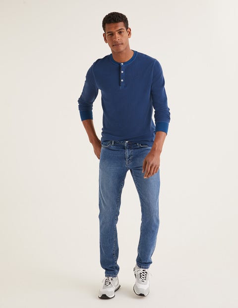Langärmliges Henley-Shirt Mit Waffelstruktur - Helles Navy/Strahlendes Marineblau Langärmliges Henley-Shirt Mit Waffelstruktur - Helles Navy/Strahlendes Marineblau