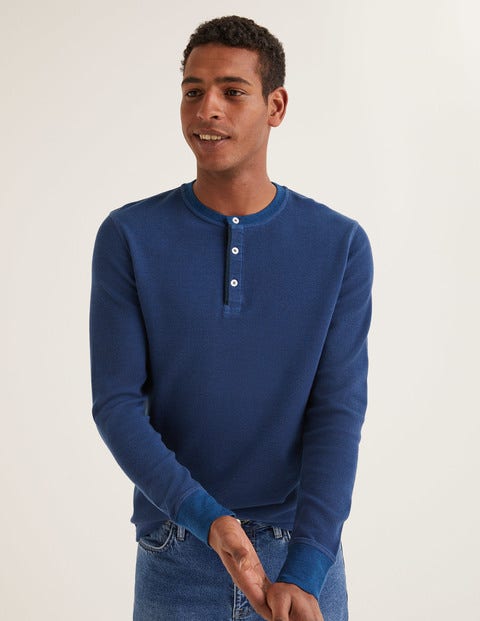 Langärmliges Henley-Shirt Mit Waffelstruktur - Helles Navy/Strahlendes Marineblau Langärmliges Henley-Shirt Mit Waffelstruktur - Helles Navy/Strahlendes Marineblau