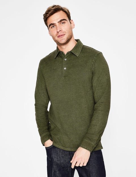 Stückgefärbtes Poloshirt mit langen Ärmeln - Khaki Stückgefärbtes Poloshirt mit langen Ärmeln - Khaki