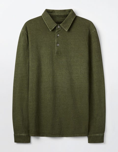 Stückgefärbtes Poloshirt mit langen Ärmeln - Khaki Stückgefärbtes Poloshirt mit langen Ärmeln - Khaki