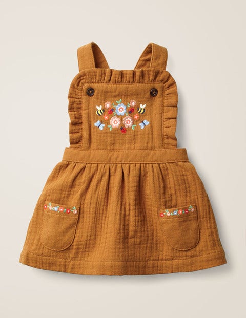 Floral Embroidered Pinafore - Butterscotch Brown Embroidery Floral Embroidered Pinafore - Butterscotch Brown Embroidery