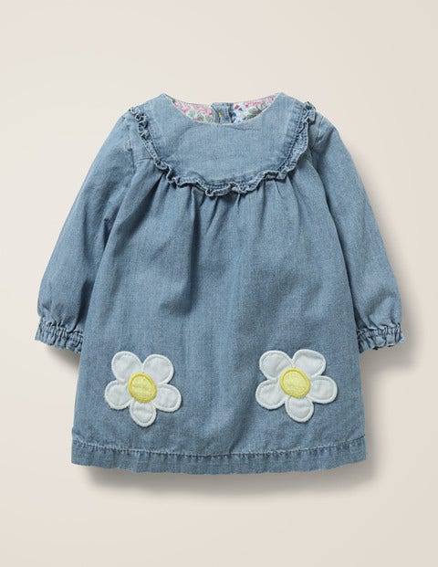 Ruffle Trim Dress - Chambray Daisies Ruffle Trim Dress - Chambray Daisies