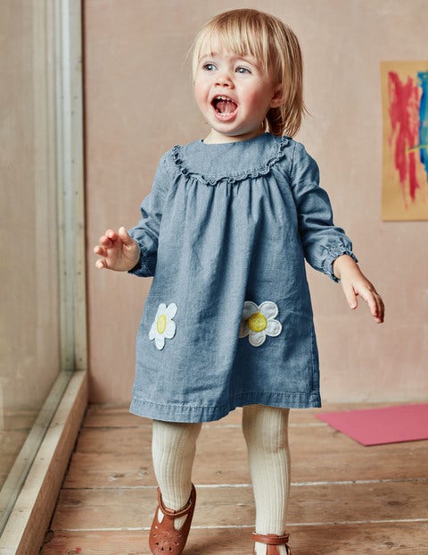 Ruffle Trim Dress - Chambray Daisies Ruffle Trim Dress - Chambray Daisies