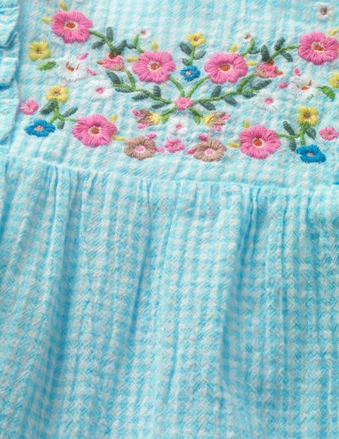 Floral Embroidered Dress - Blue Quartz Gingham Floral Embroidered Dress - Blue Quartz Gingham