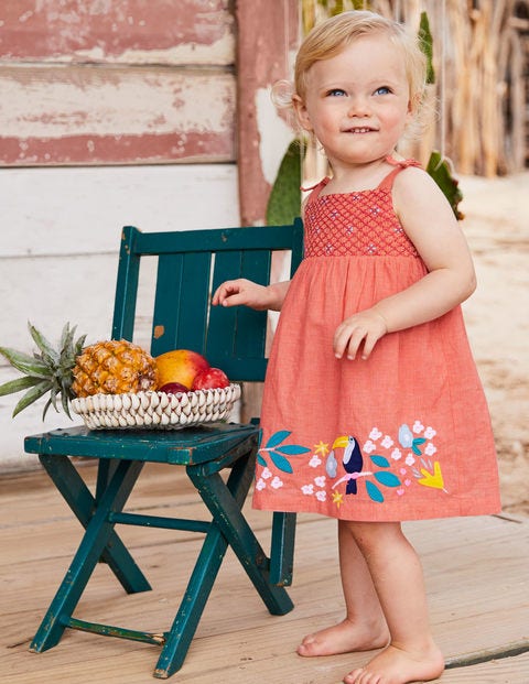 Flowery Smocked Woven Dress - Tropical Coral Chambray Flowery Smocked Woven Dress - Tropical Coral Chambray